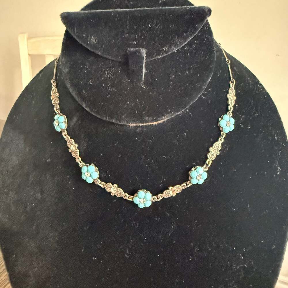 Yoni Z Silver Tone Floral Necklace with Turquoise Blue Flower